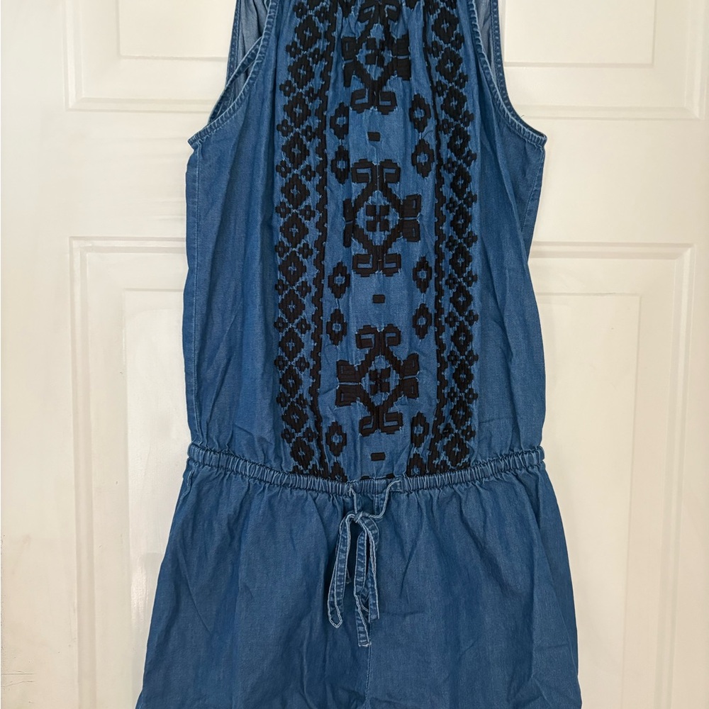 Old Navy Blue Sleeveless Romper with Black Embroidery